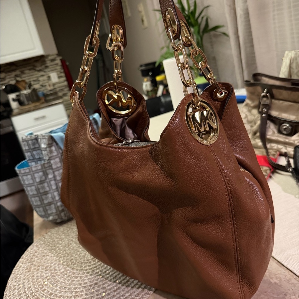 Michael Kors Tan Leather Shoulder Bag with Gold Accents